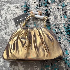 Nina Metallic Gold Pleated Evening Clutch with Braided Chain